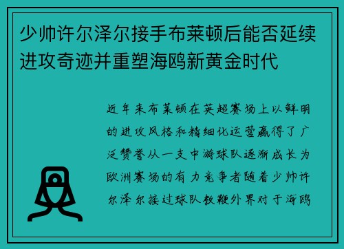 少帅许尔泽尔接手布莱顿后能否延续进攻奇迹并重塑海鸥新黄金时代